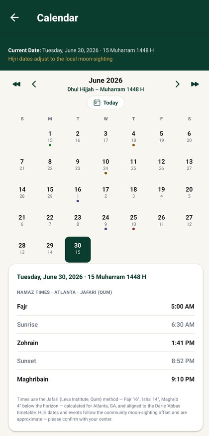 Islamic calendar screen